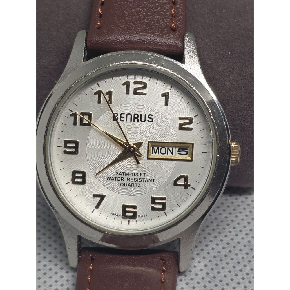 Benrus BNW712 Mens Quartz Watch Silver Textured Dial DayDate Brown Leather Strap